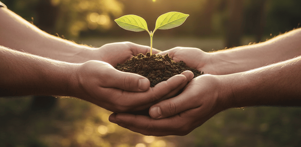Accompagnement psychologique à Avignon : mains soutenant une jeune plante dans une lumière naturelle, symbolisant la croissance et la résilience – Valérie Siino, Psychothérapeute à Avignon