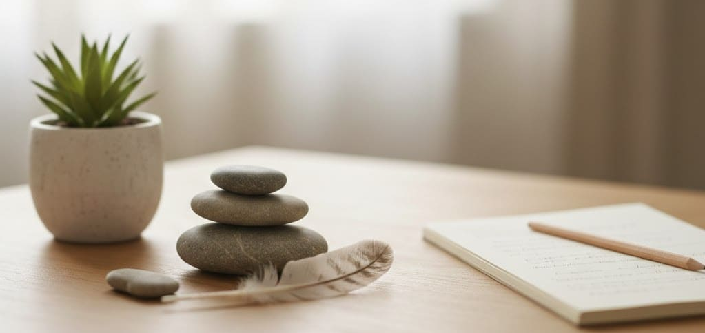 Bureau de psychothérapeute à Avignon décoré avec des galets zen, une plante et un carnet de notes – Cabinet Valérie Siino